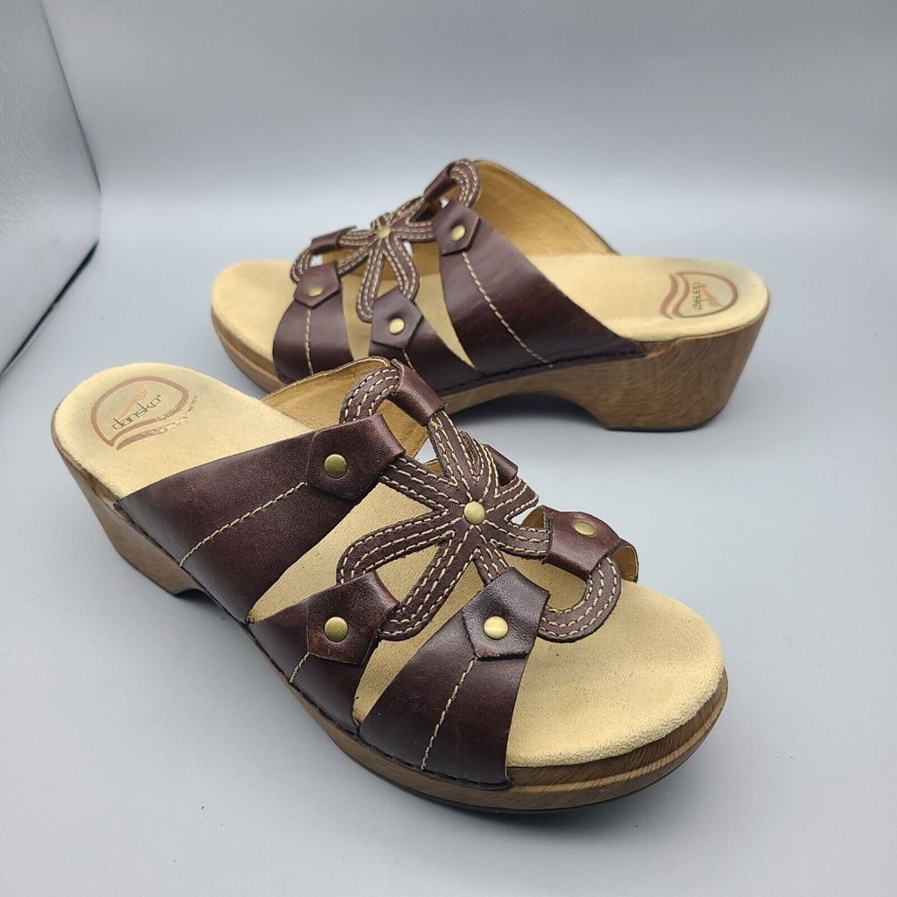 Dansko Sandals Women Brown Leather Serena Floral Laser Cut Slides Sz 10.5 11 41